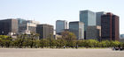 View of Tokyo skyline as background to Imperial Palace garden