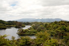 Cloud-obscured view of Mt Taranaki from Lake Mangamahoe