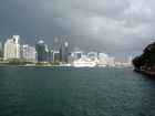 View of Sydney business district skyline from boat cruise