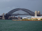 View of Sydney Harbour Bridge district skyline from boat cruise