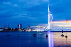 Spinnaker Tower and skyline (with ship going past)